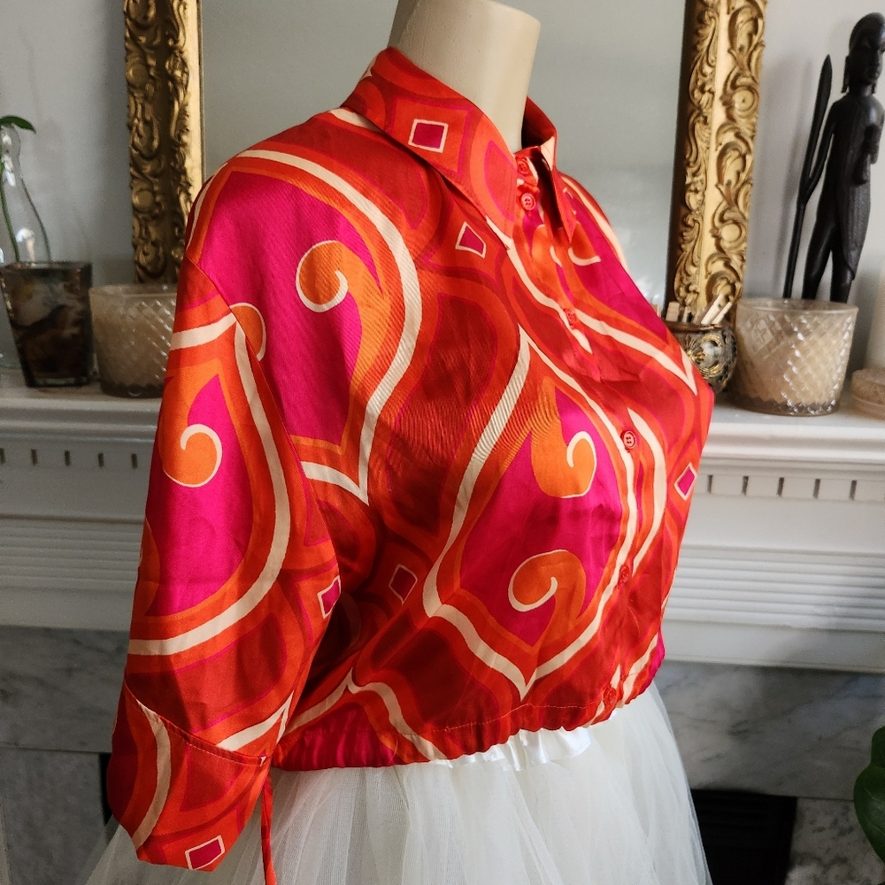 Zara Pink Cropped Satin Shirt Size Small Orange Beige Psychedelic Hippie - Picture 15 of 15